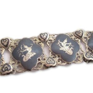 Old Siam Thai Vintage Beautiful Panel Link Goddess Sterling‎ Silver Bracelet 40g